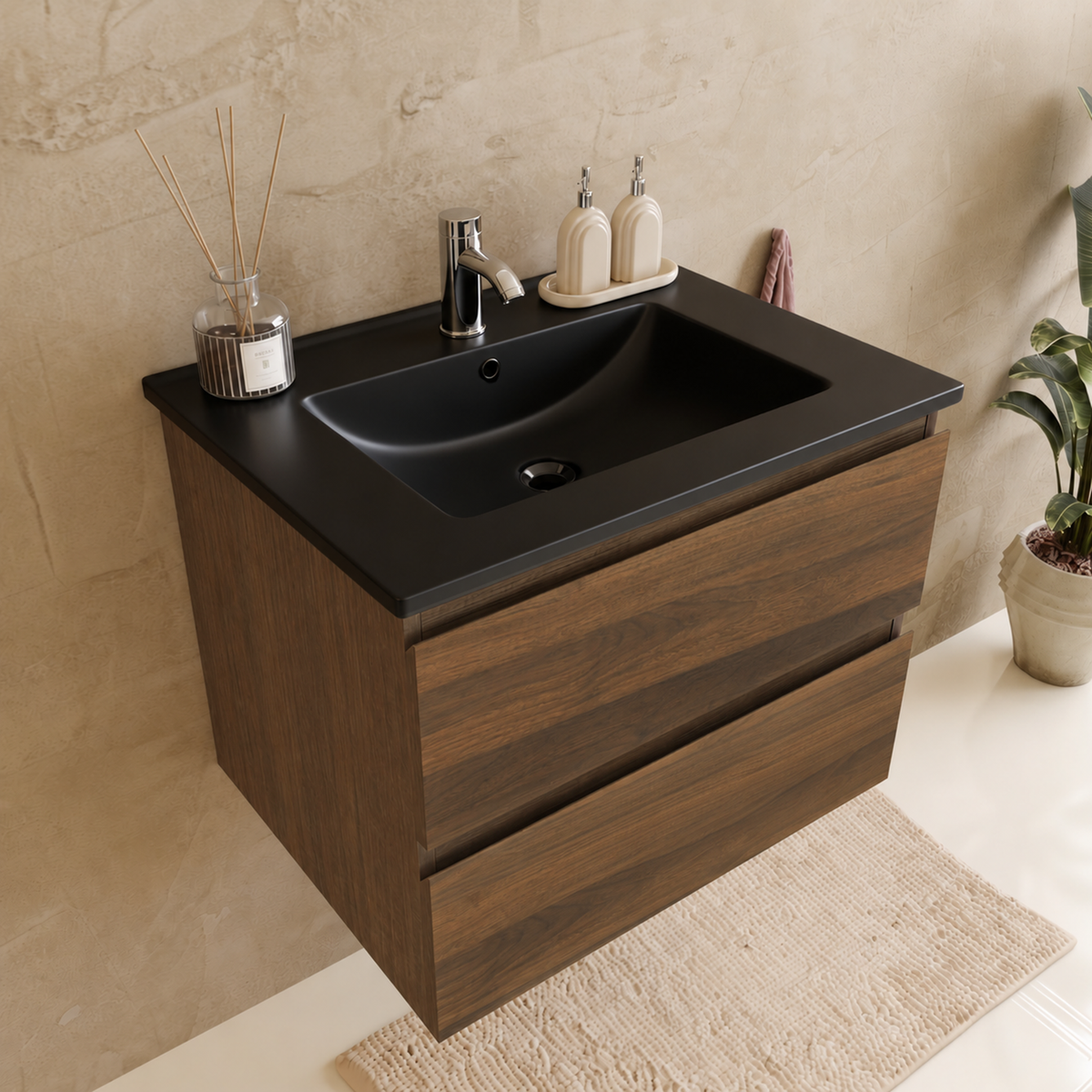 Badmöbel-Set VERONA 60 cm - Mit Hochschrank - Eiche Braun - Waschtisch Schwarz
