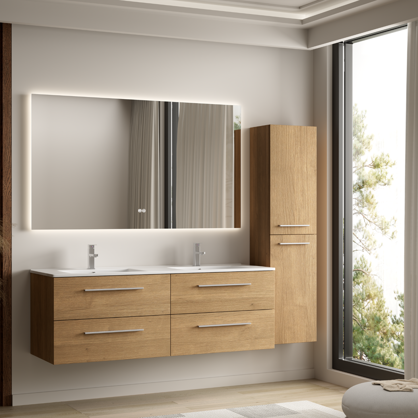NAVERO Badezimmermöbel-Set 140 cm – Mit Hochschrank – Helles Eichenholz – Weißes Waschbecken