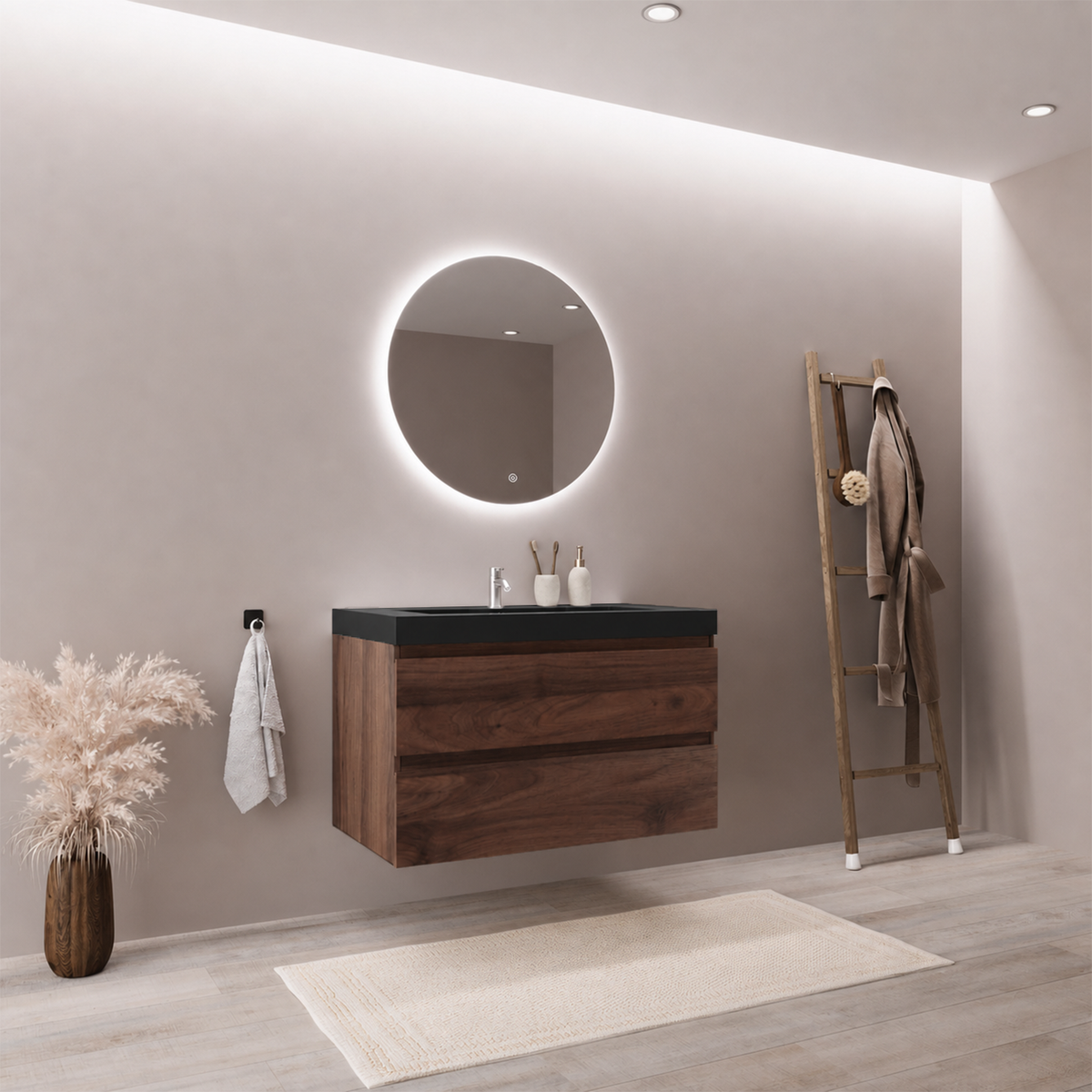 MONACO Eiche Braun - Schwarzes Waschbecken - 80 cm