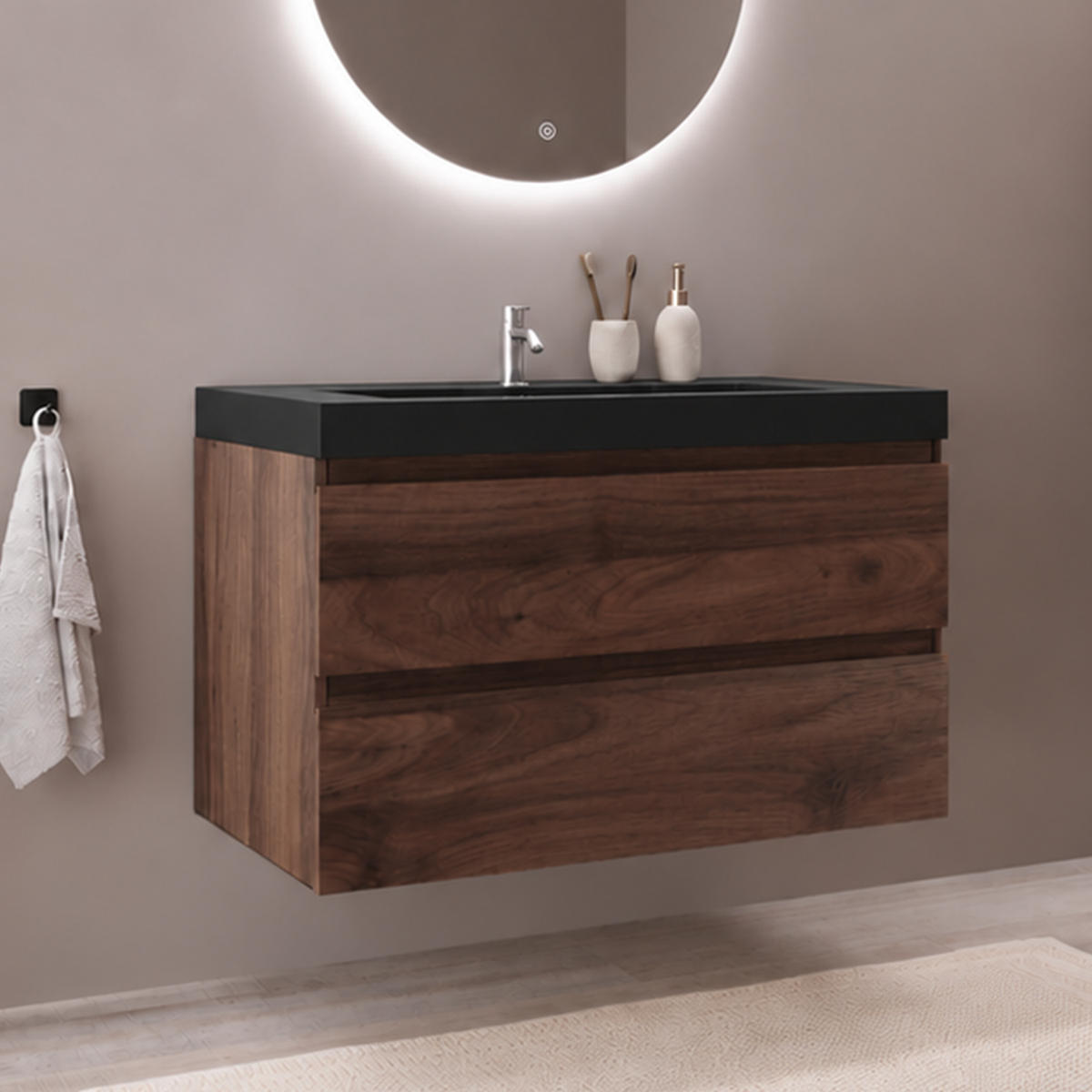 MONACO Eiche Braun - Schwarzes Waschbecken - 80 cm