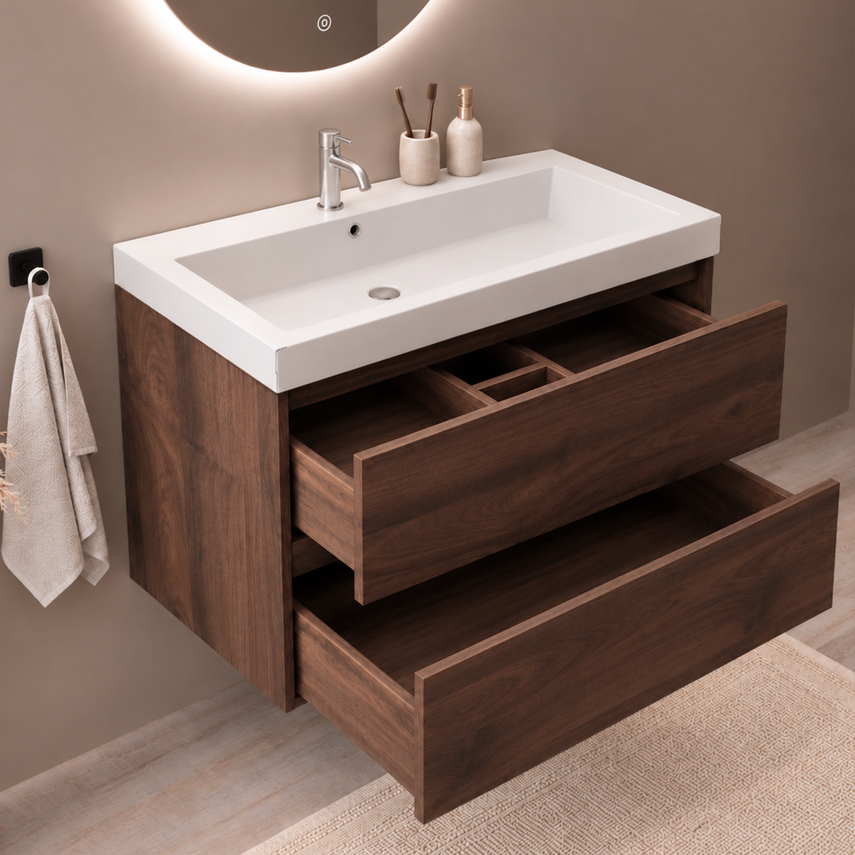 Conjunto de Muebles de Baño AVALON 80 cm - Con Columna - Roble Marrón - Lavabo Blanco