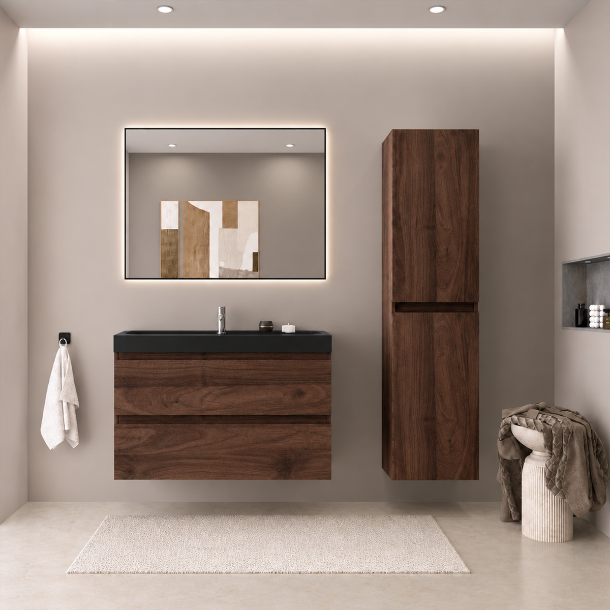 Conjunto de Muebles de Baño AVALON 80 cm - Con Columna - Roble Marrón - Lavabo Negro