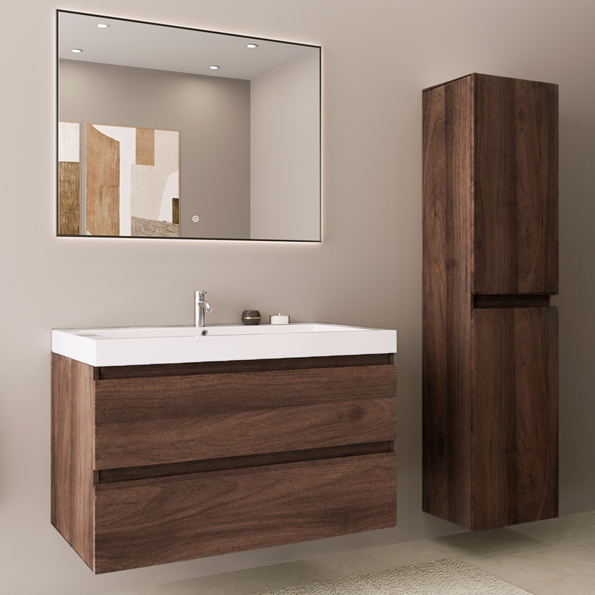 Conjunto de Muebles de Baño AVALON 80 cm - Con Columna - Roble Marrón - Lavabo Blanco