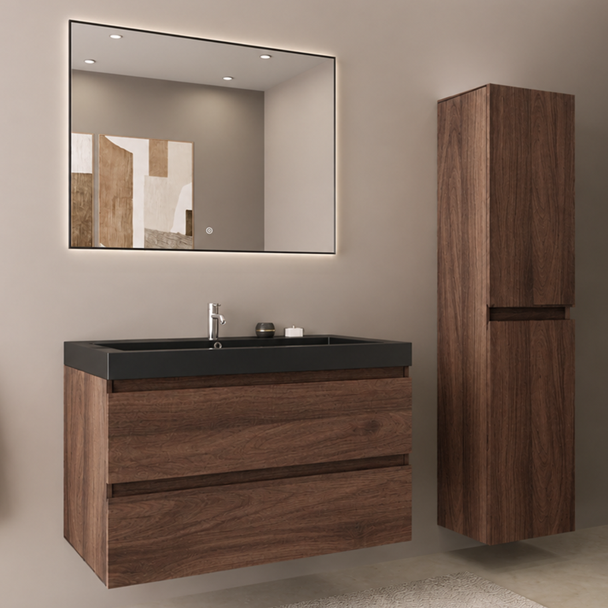 Conjunto de Muebles de Baño AVALON 80 cm - Con Columna - Roble Marrón - Lavabo Negro