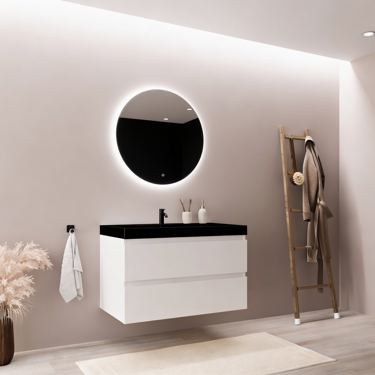 Mueble de baño suspendido MONACO blanco brillo - Lavabo negro - 80 cm