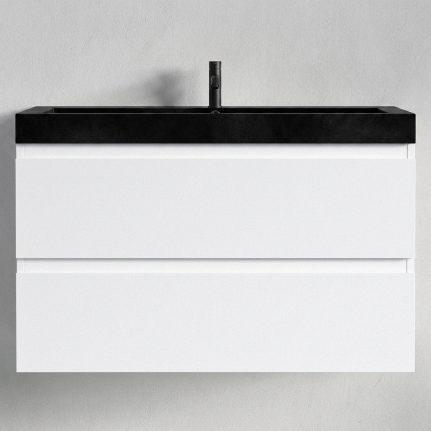 AVALON Badezimmermöbel-Set 80 cm – mit Hochschrank – Hochglanz Weiß – Schwarzes Waschbecken