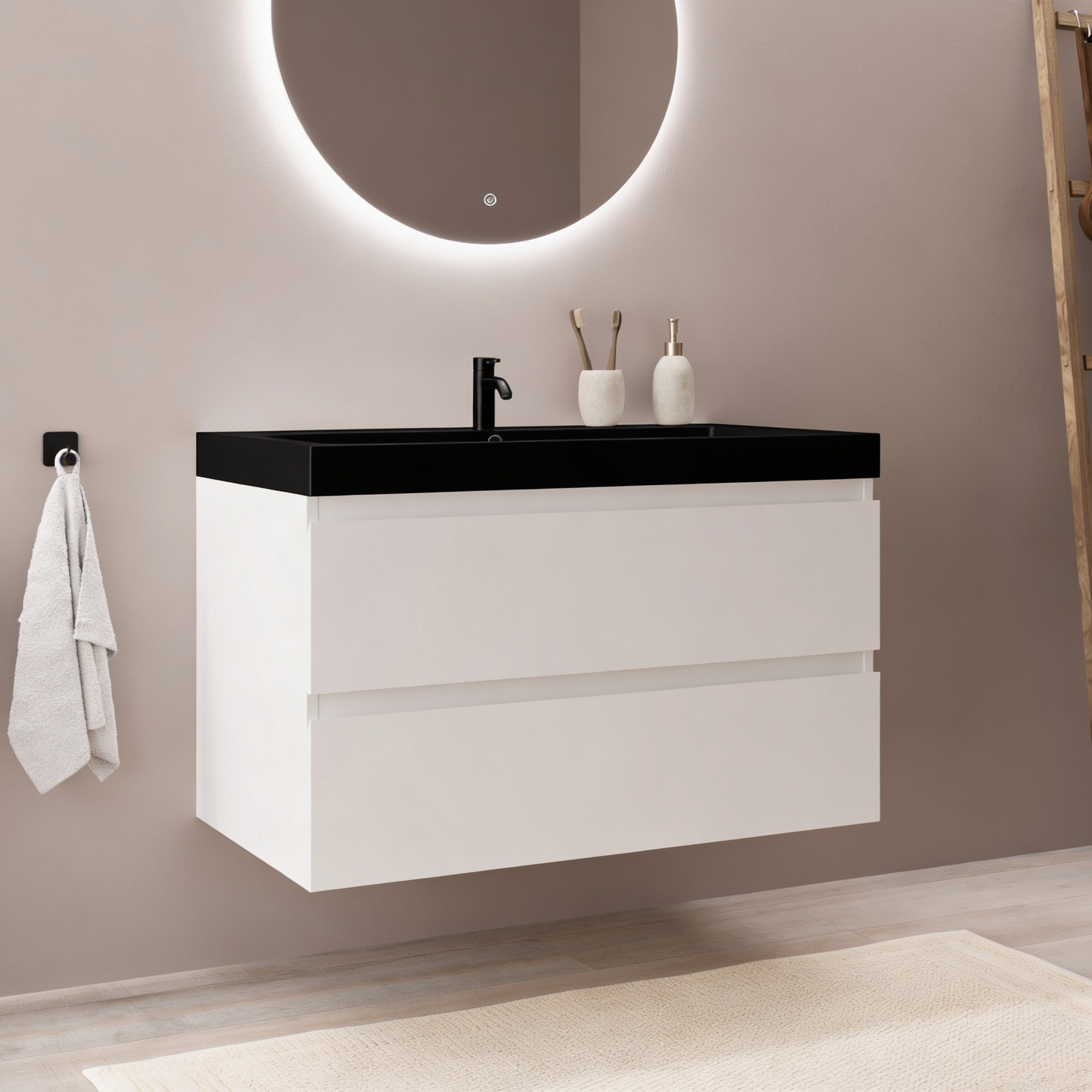 MONACO Glänzend Weiß – Schwarzes Waschbecken – 80 cm