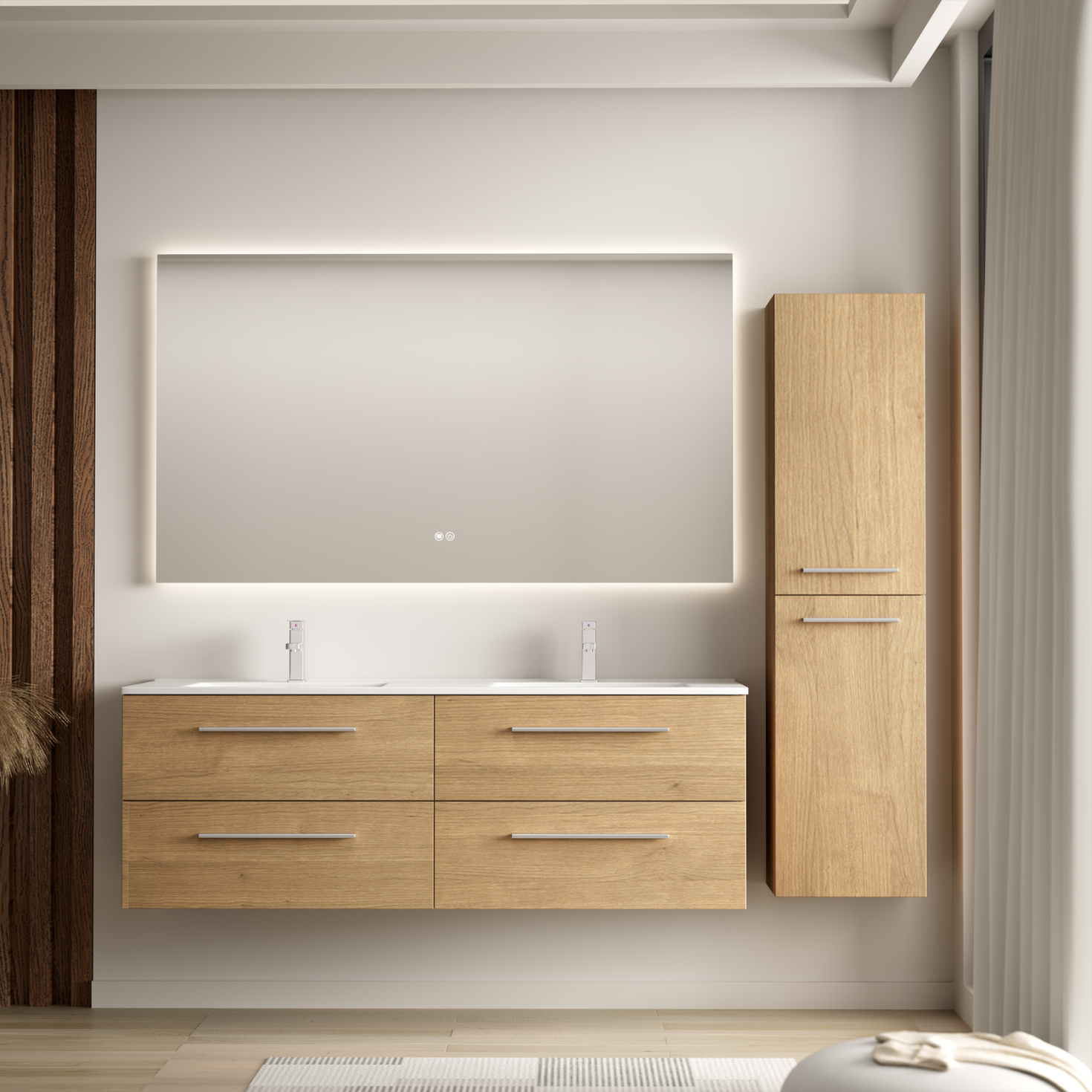 NAVERO Badezimmermöbel-Set 140 cm – Mit Hochschrank – Helles Eichenholz – Weißes Waschbecken