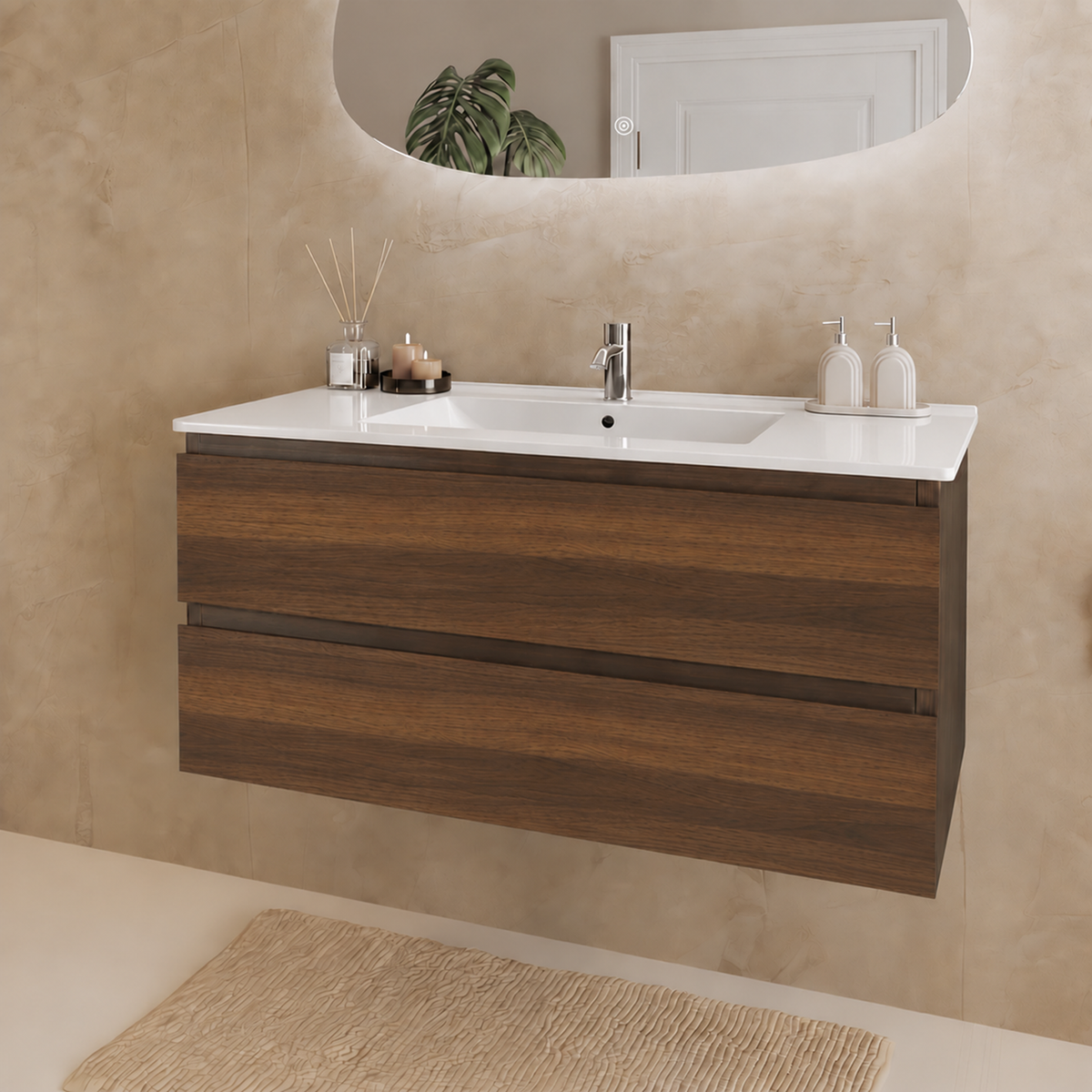 MARENZA Eiche Braun - Weißes Waschbecken - 100 cm
