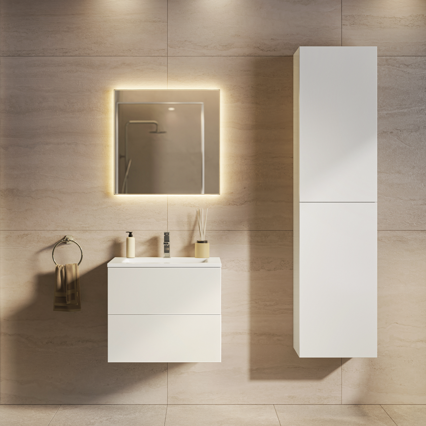 NUVANO Badezimmermöbel-Set 60 cm – Mit Hochschrank – Glänzend Weiß – Weißes Waschbecken