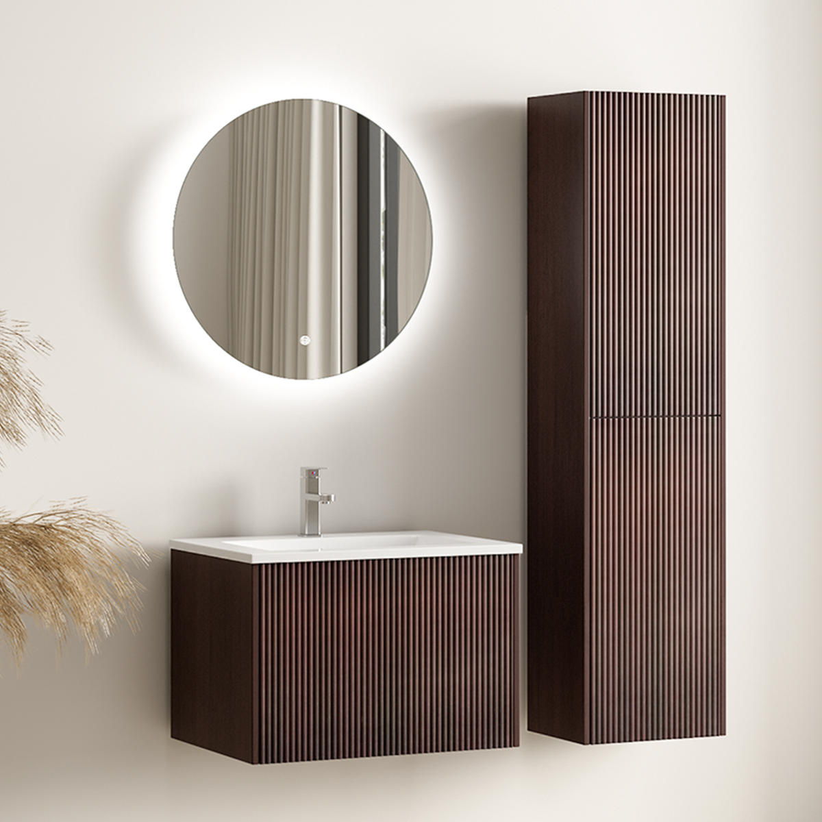 ROVANI Badezimmermöbel-Set 60 cm – Walnuss – Rillenfront – Weißes Waschbecken