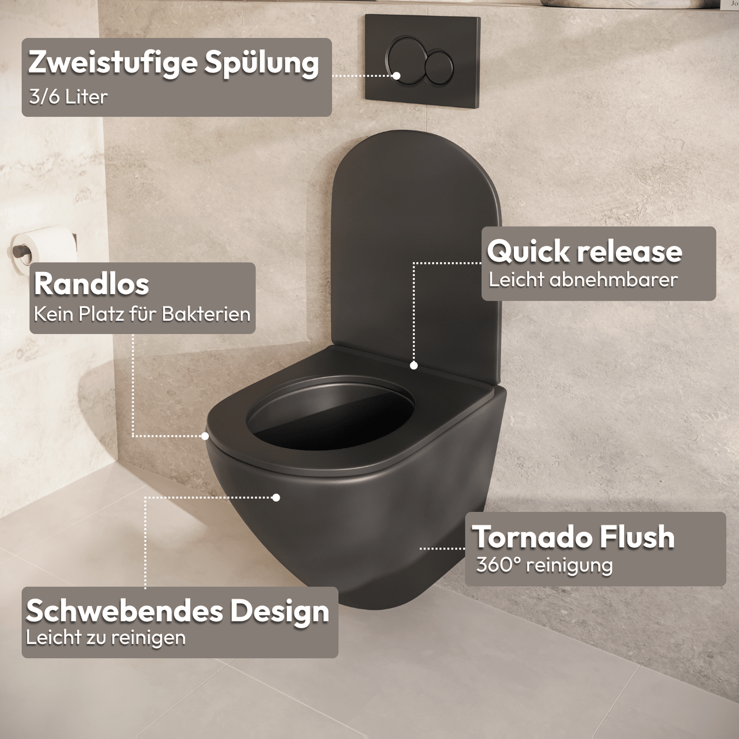 Hangtoilet met Inbouwreservoir - Rond Zwart - Drukplaat Vierkant Zwart - Linea - lomazoo.com