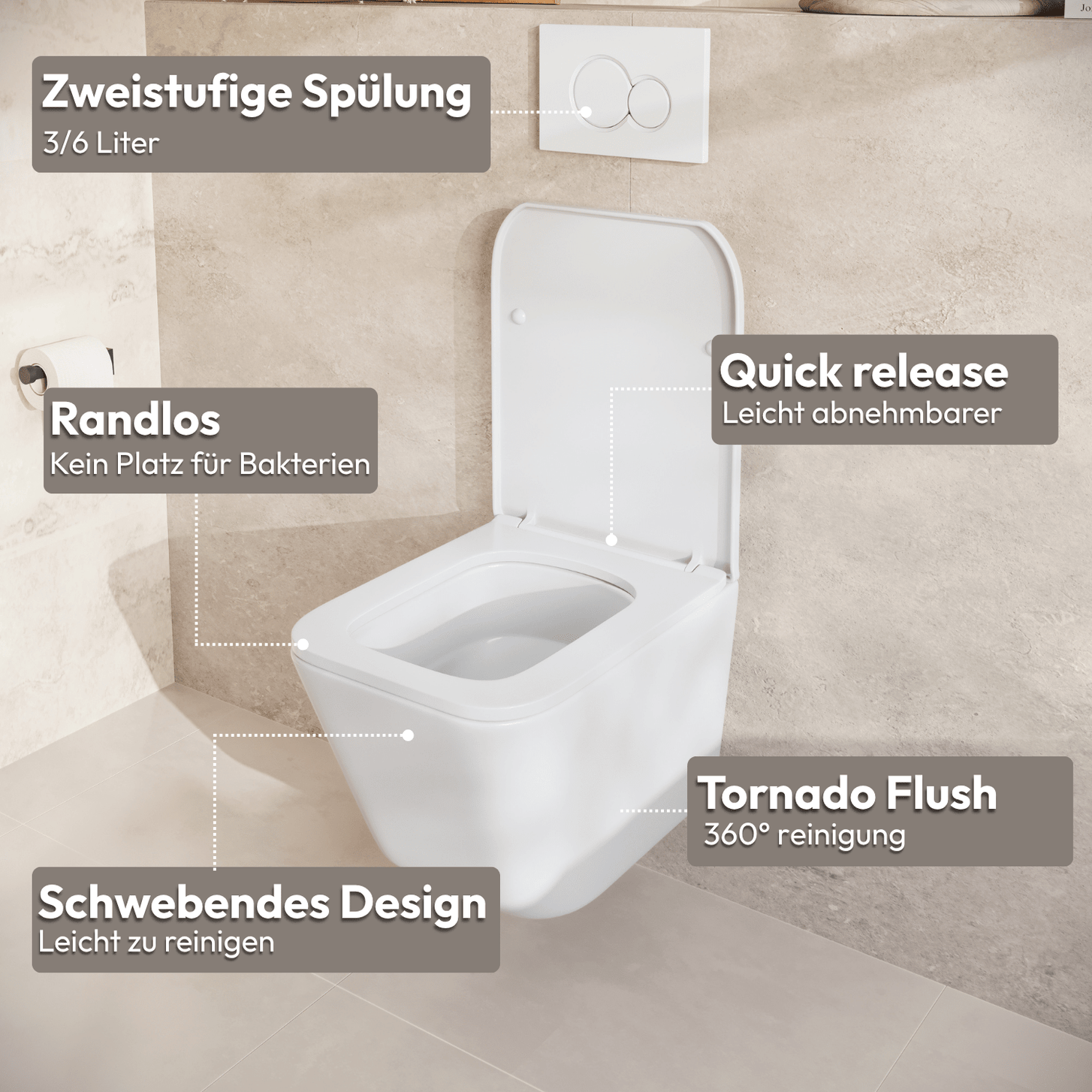 Hangtoilet met Inbouwreservoir - Vierkant Wit - Drukplaat Rond Gunmetal - Linea - lomazoo.com