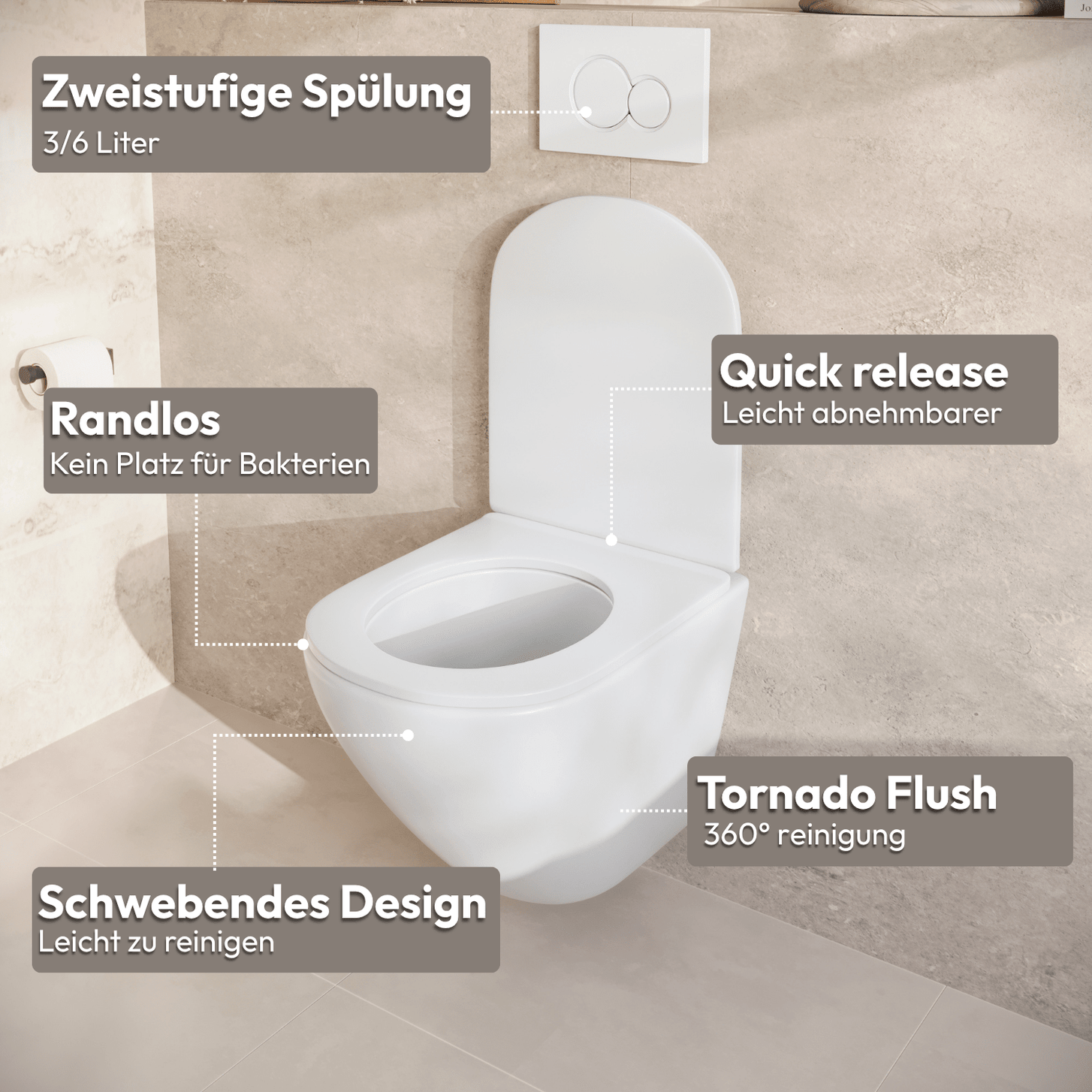 Hangtoilet met Inbouwreservoir - Rond Wit - Drukplaat Rond Goud - Linea - lomazoo.com