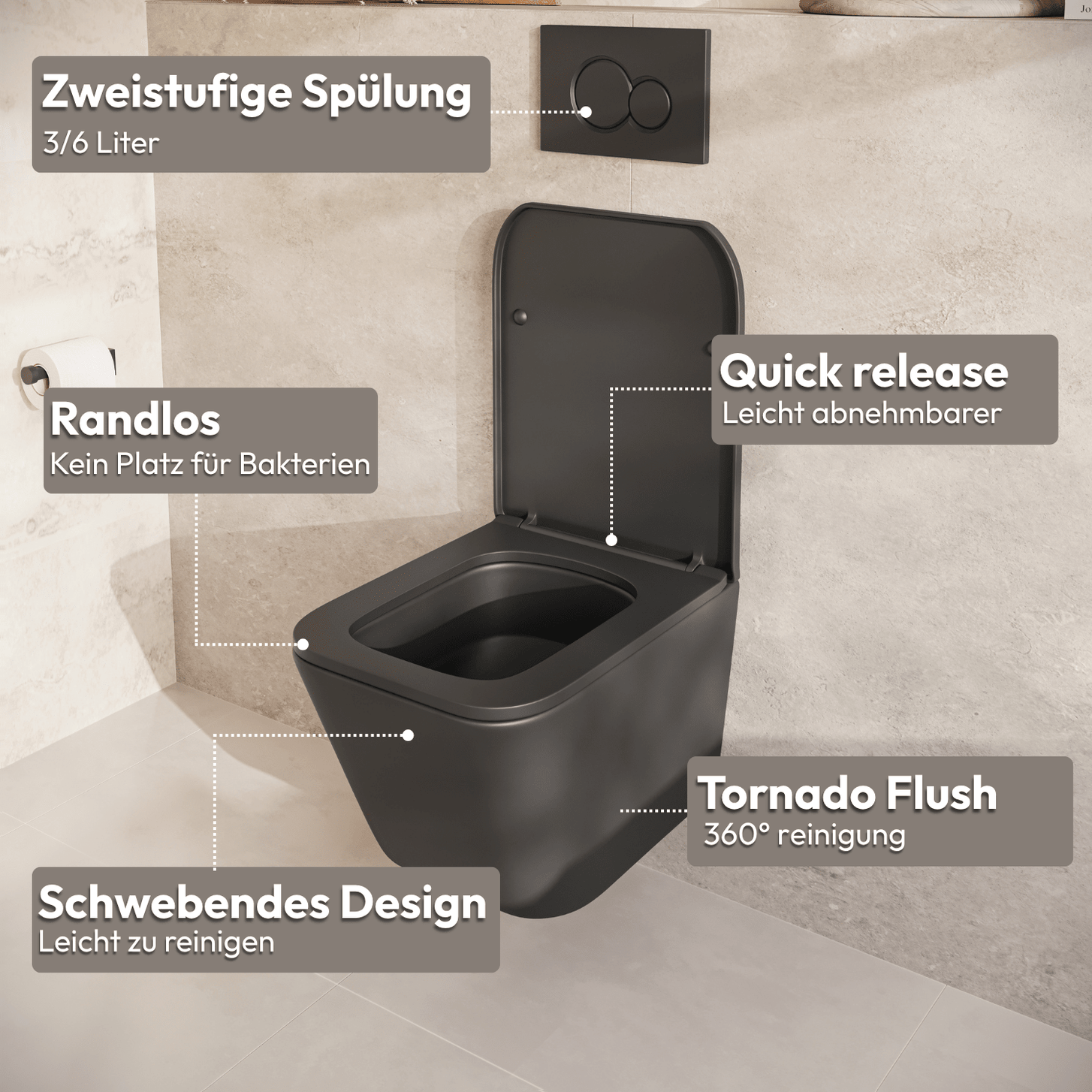 Hangtoilet met Inbouwreservoir - Vierkant Zwart - Drukplaat Rond Chroom - Linea - lomazoo.com