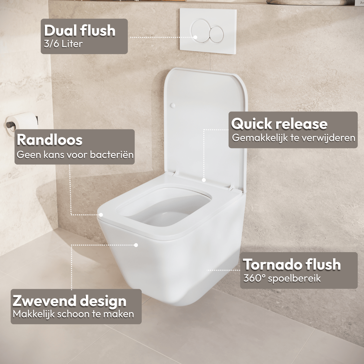 Hangtoilet met Inbouwreservoir - Vierkant Wit - Drukplaat Vierkant Gunmetal - Linea - lomazoo.com