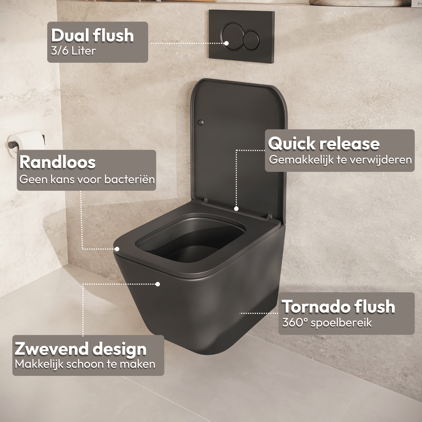 Hangtoilet met Inbouwreservoir - Vierkant Zwart - Drukplaat Vierkant Gunmetal - Linea - lomazoo.com