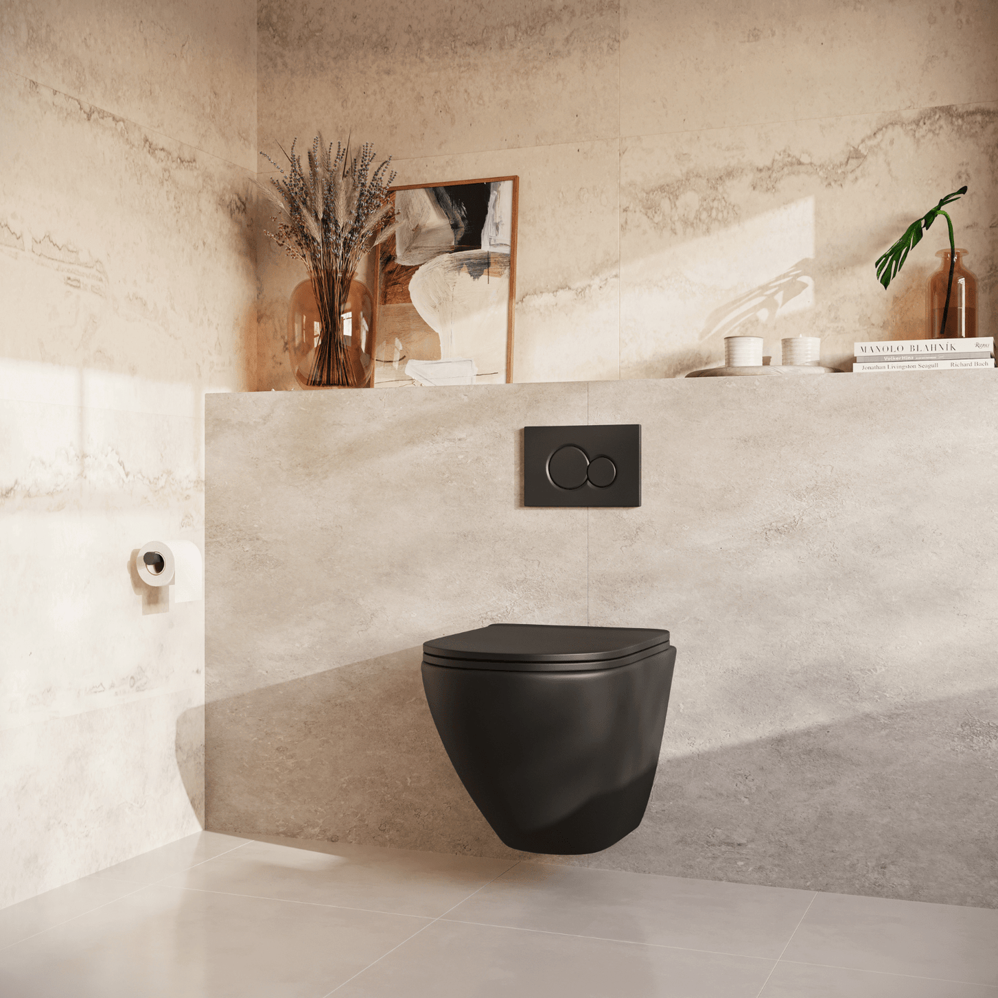 Hangtoilet met Inbouwreservoir - Rond Zwart - Drukplaat Rond Zwart - Linea - lomazoo.com