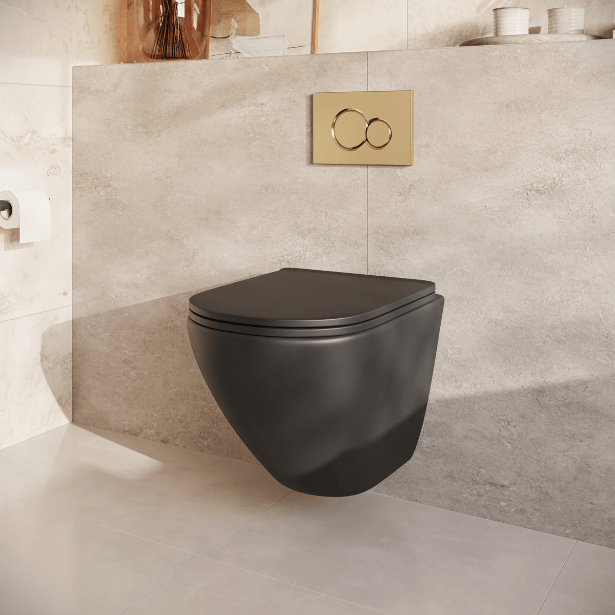 Hangtoilet met Inbouwreservoir - Rond Zwart - Drukplaat Rond Goud - Linea - lomazoo.com