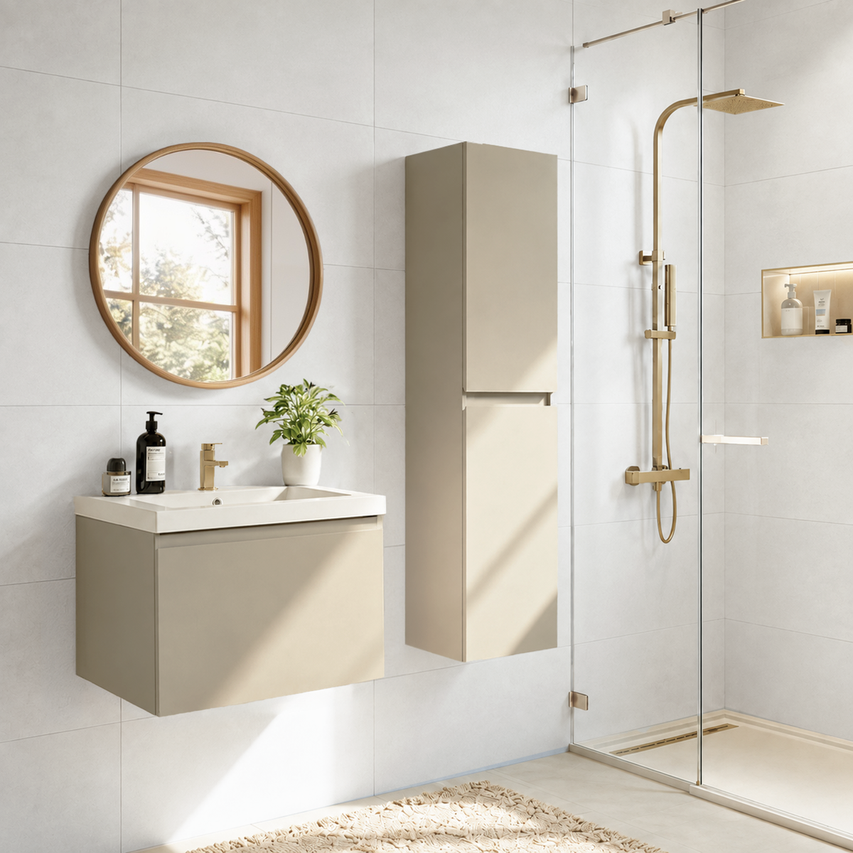 Badmöbel-Set SORRENTO 60 cm – Mit Hochschrank – Greige – Waschbecken Weiß
