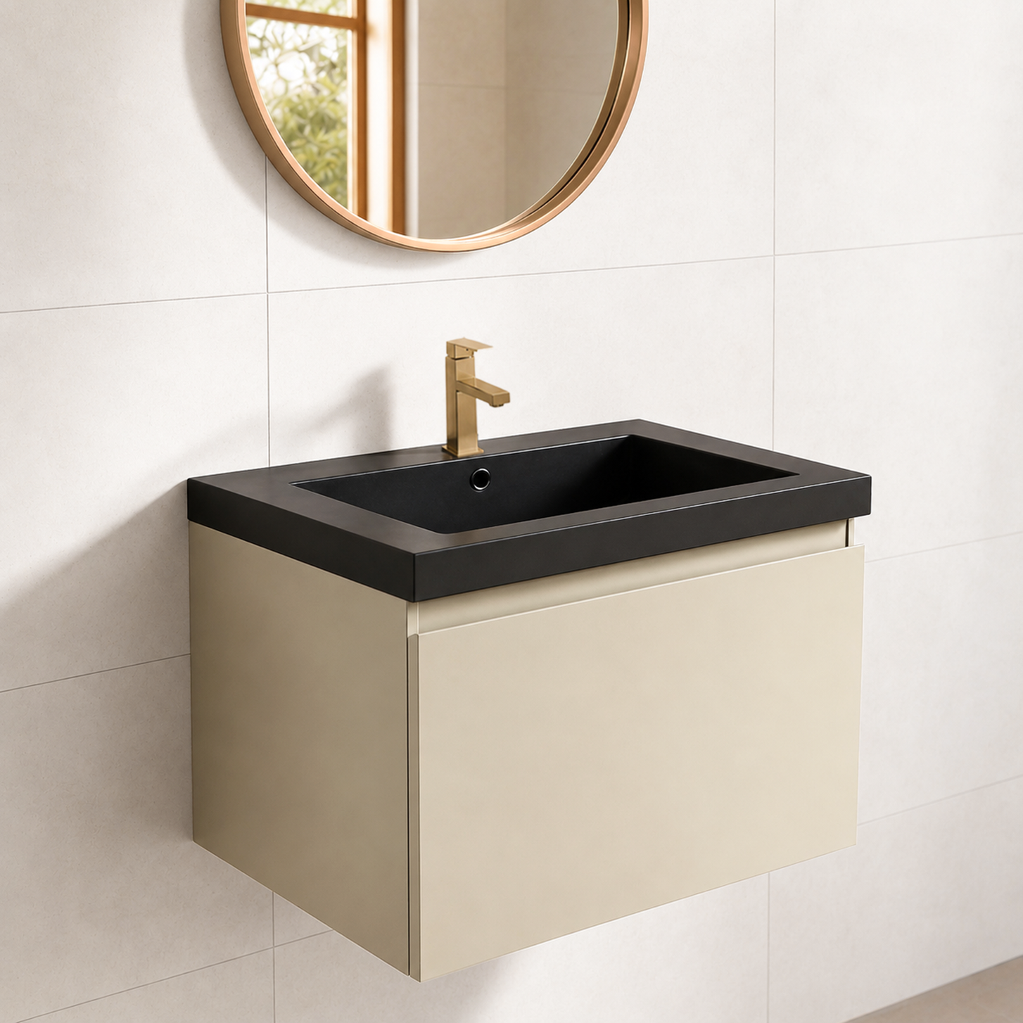 Badmeubelset SORRENTO 60cm - Met Kolomkast - Greige - Wastafel Zwart - lomazoo.com
