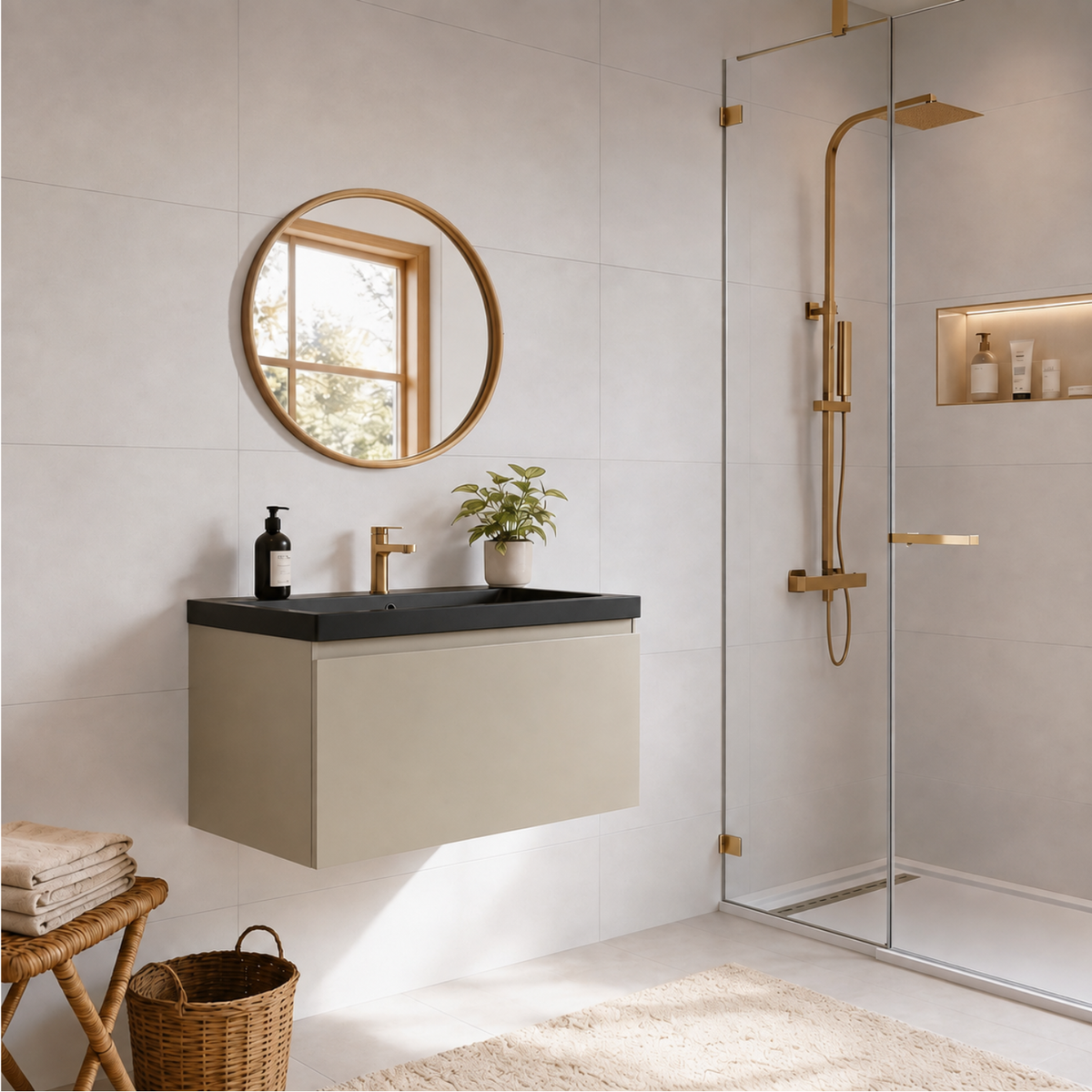 Mueble de baño suspendido MODENA greige - Lavabo negro - 80cm
