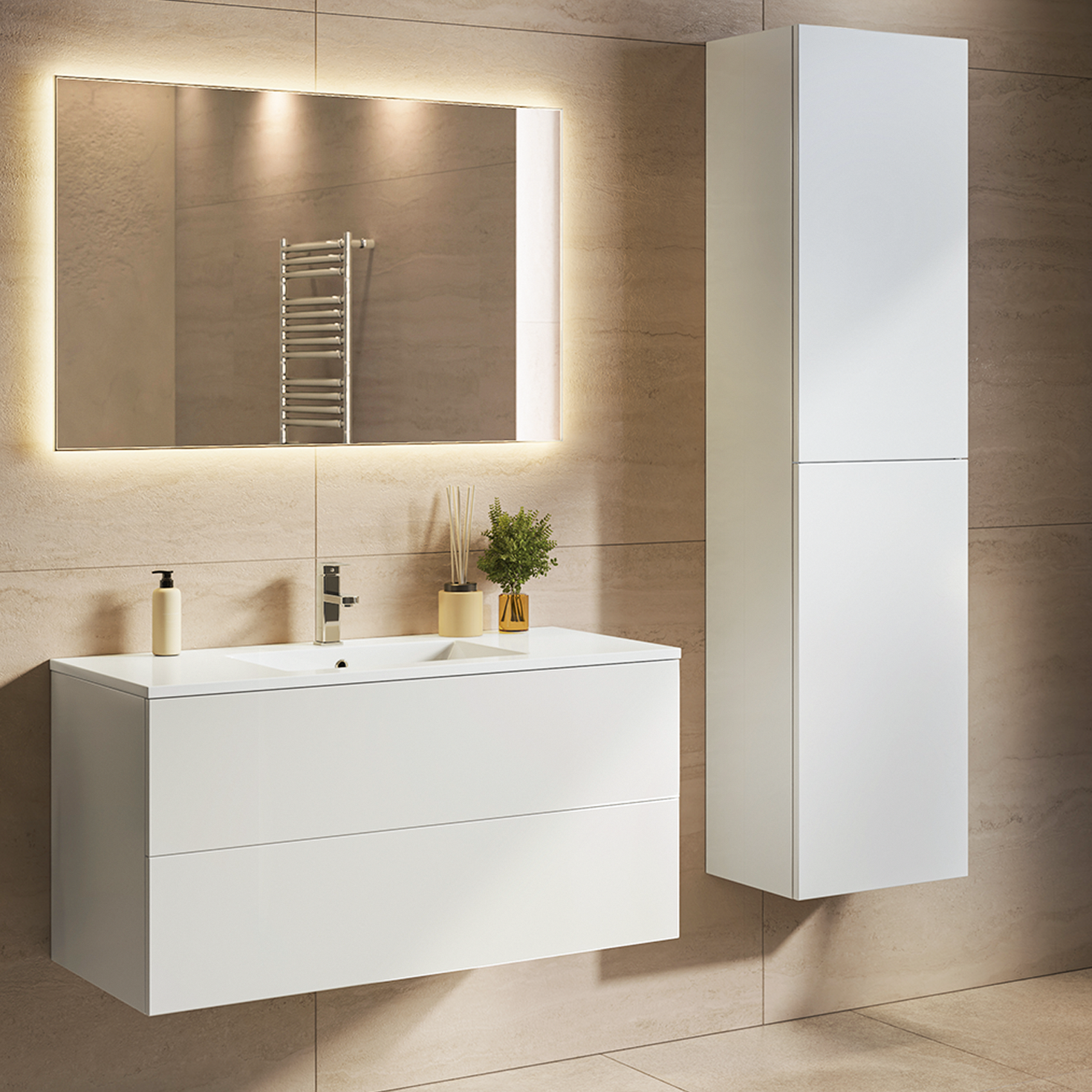 NUVANO Badezimmermöbel-Set 100 cm – Mit Hochschrank – Glänzend Weiß – Weißes Waschbecken