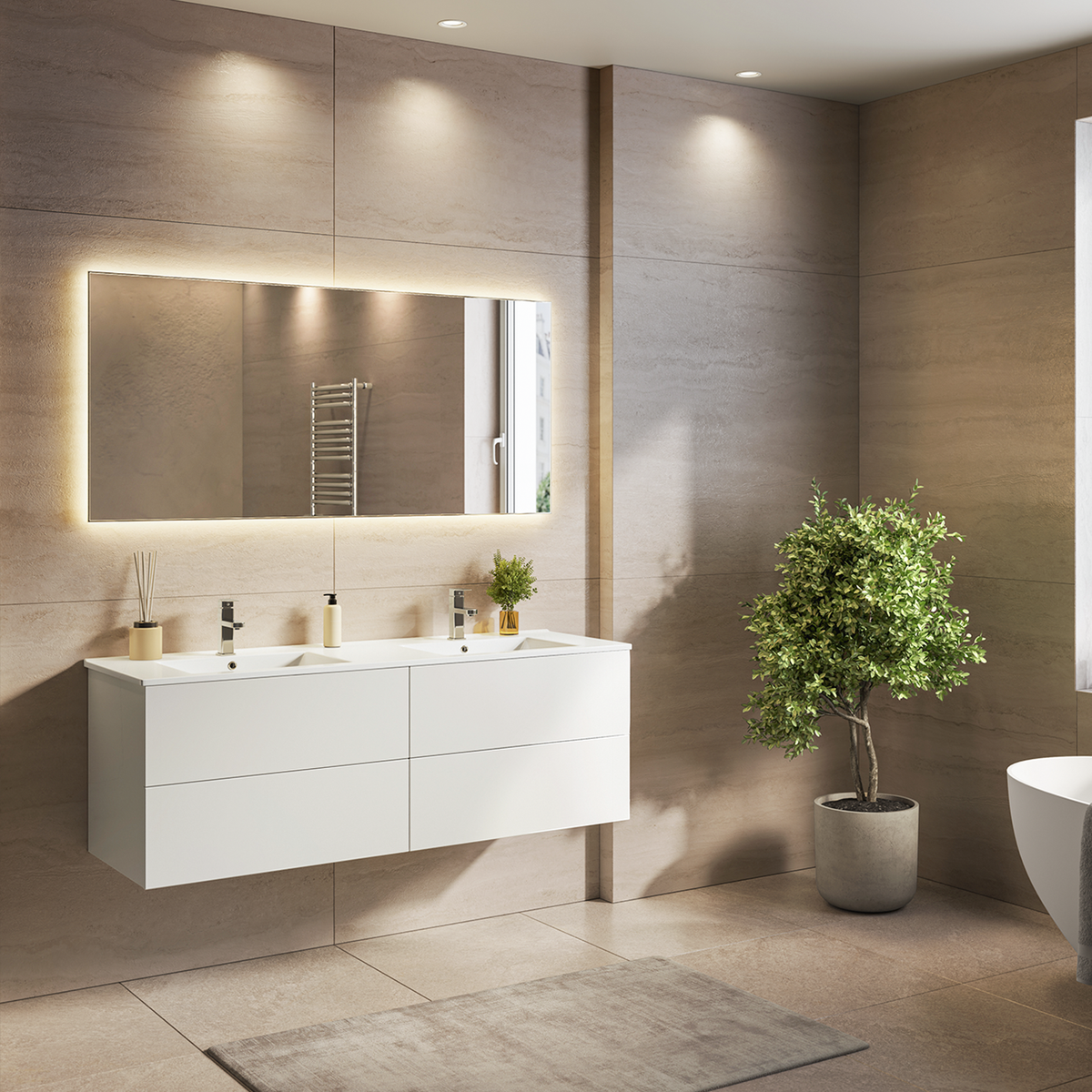 Mueble de baño suspendido NINEO blanco brillo - Lavabo blanco - 140 cm