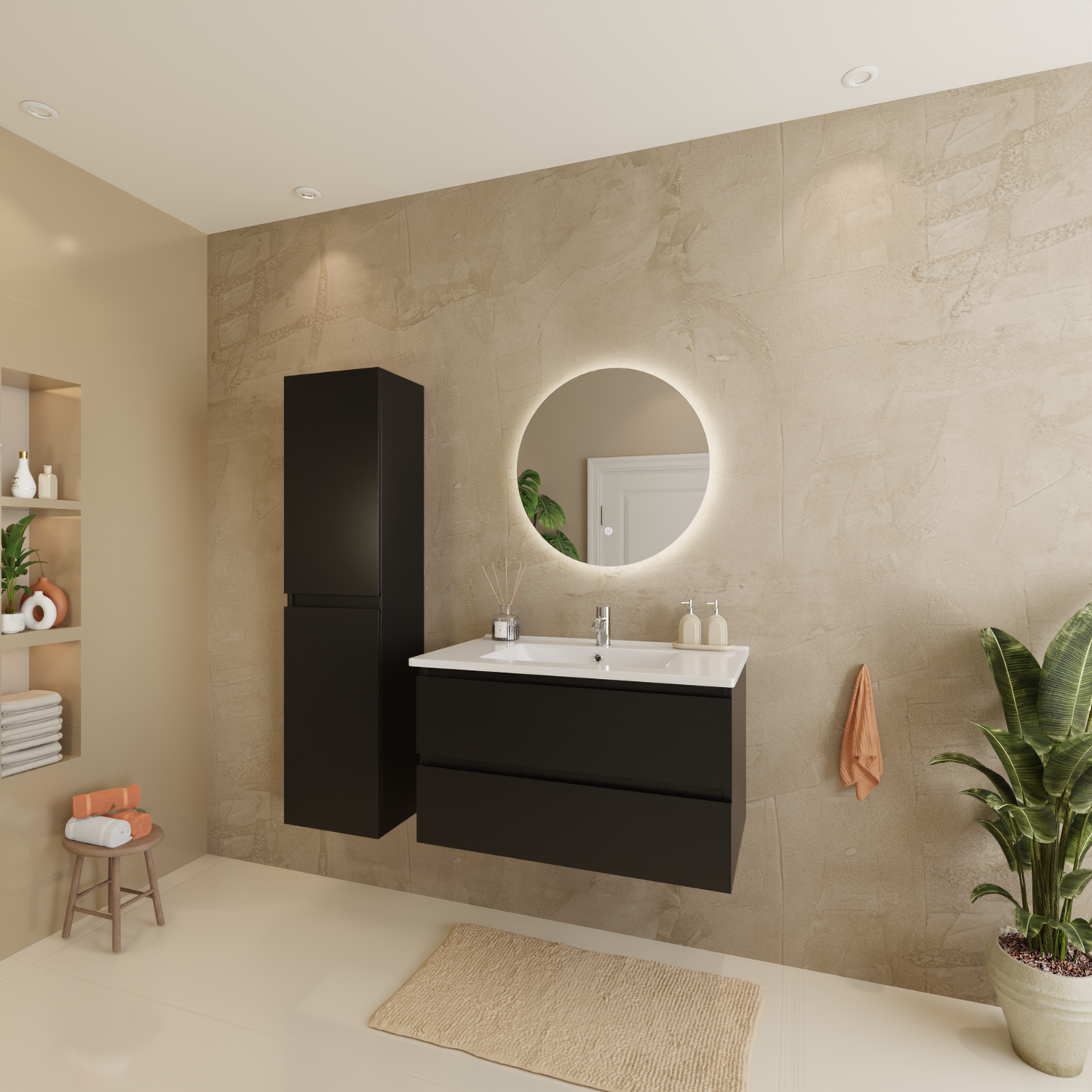 VERONA Badezimmermöbel-Set 80 cm – Mit Hochschrank – Mattschwarz – Weißes Waschbecken